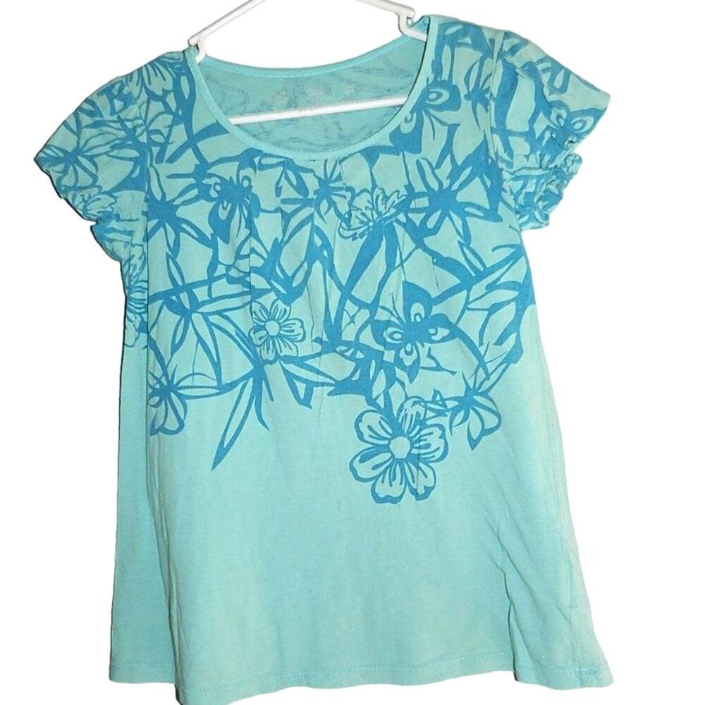 Faded Glory Girls XL 14/16 Swimmer Blue Floral Bubble Sleeve Top